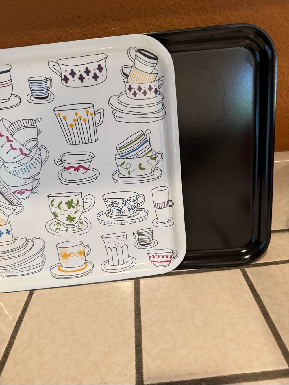 IKEA White Serving Tray with Multicolor Teacup Illustration + 2 black trays